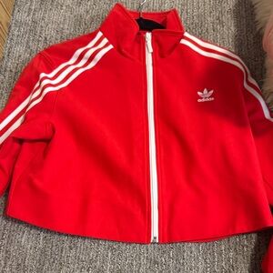 adidas Red Women’s Zip-Up Varsity Jacket with White Stripes